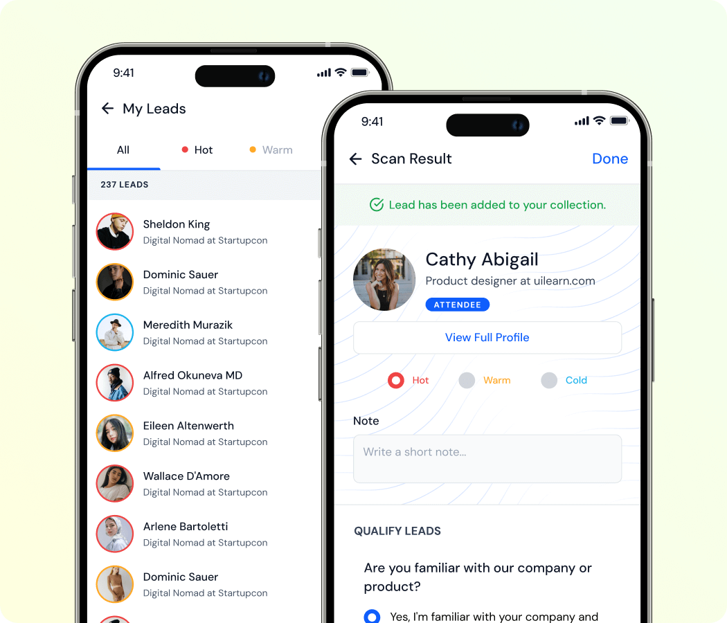 Two smartphone screens showing a lead management app, one with a list of leads labeled hot, warm, and cold, and the other showing details for a lead named Cathy Abigail with options to mark lead status and add notes.