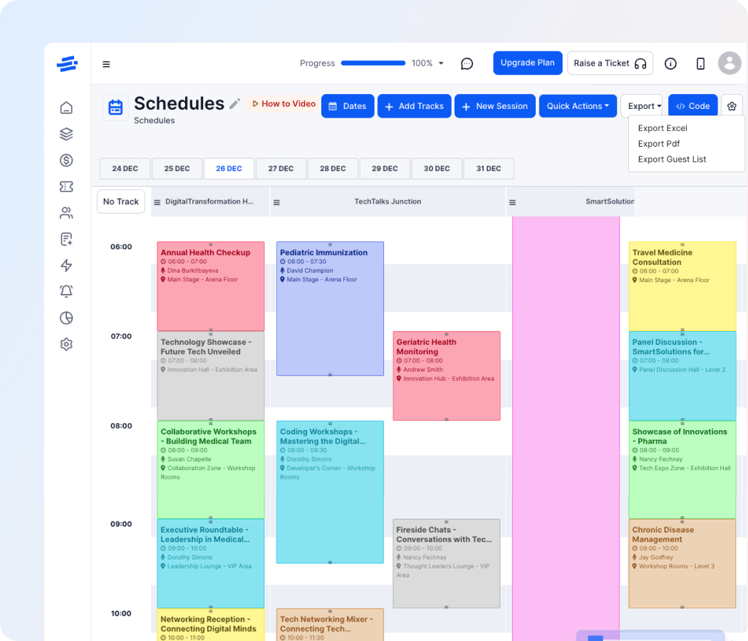 Digital event schedule interface showing a daily agenda for December 26 with various colored session blocks and options to export or add tracks.