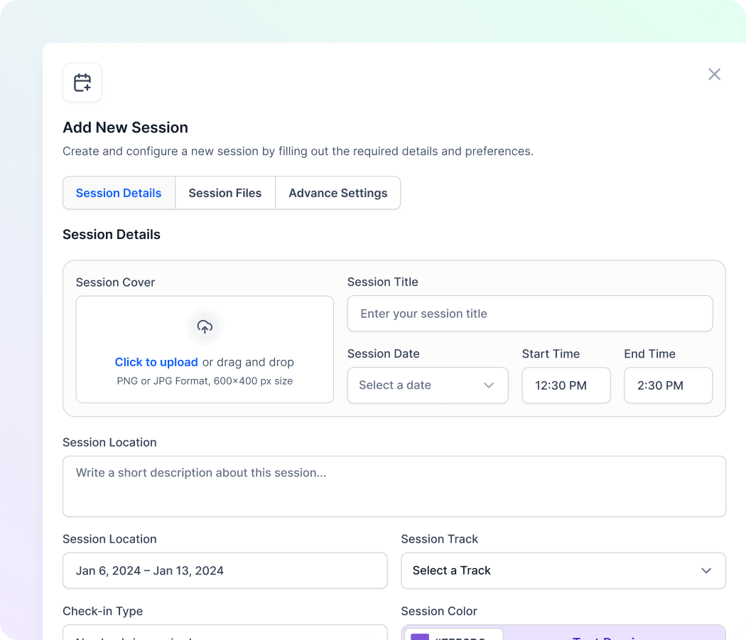 User interface for adding a new session with tabs for session details, files, and advanced settings, including fields for session cover upload, title, date, start and end time, location, track, check-in type, and session color.
