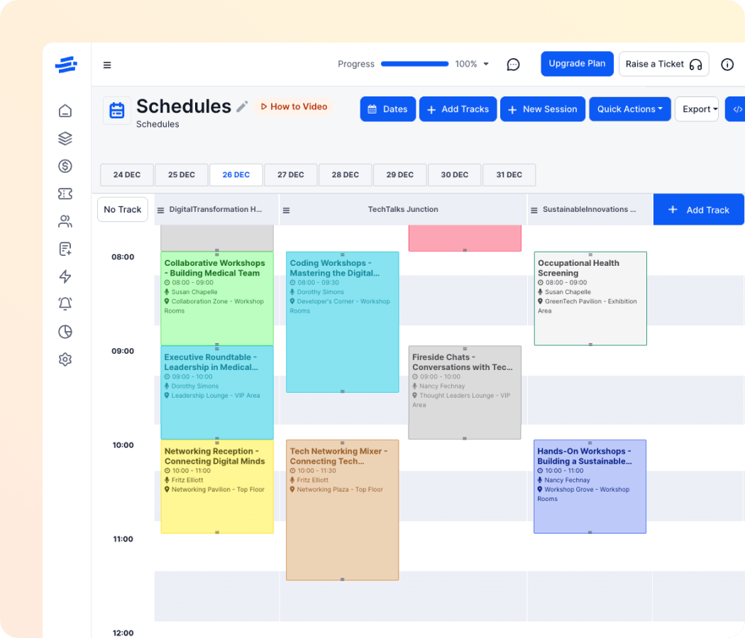 Digital event schedule for December 26 showing sessions like Collaborative Workshops, Coding Workshops, Occupational Health Screening, Executive Roundtable, Fireside Chats, Networking Reception, Tech Networking Mixer, and Hands-On Workshops across three tracks.