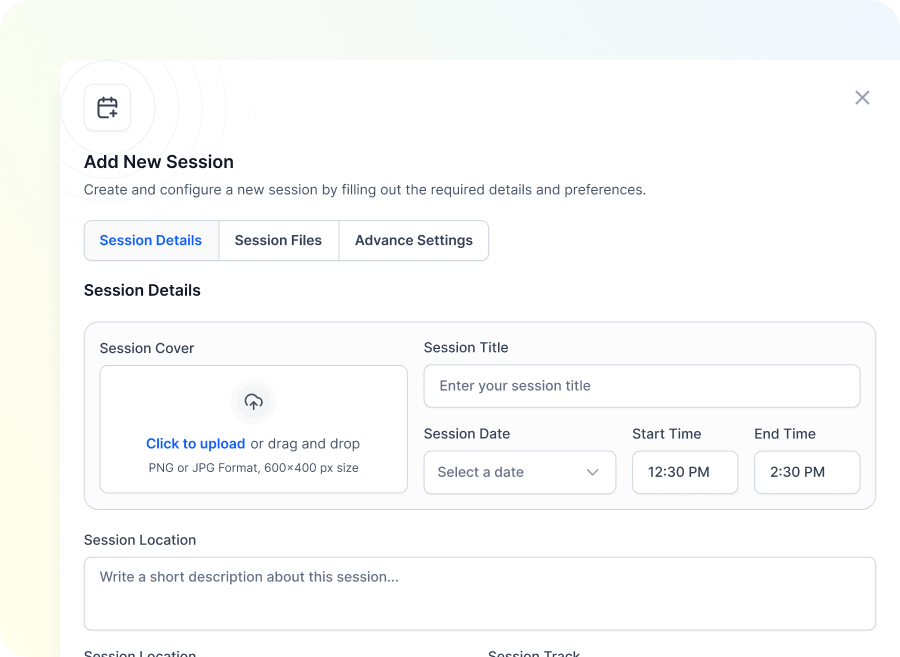 User interface screen for adding a new session with tabs for session details, files, and advanced settings, including fields for session cover upload, title, date, start and end time, and location description.