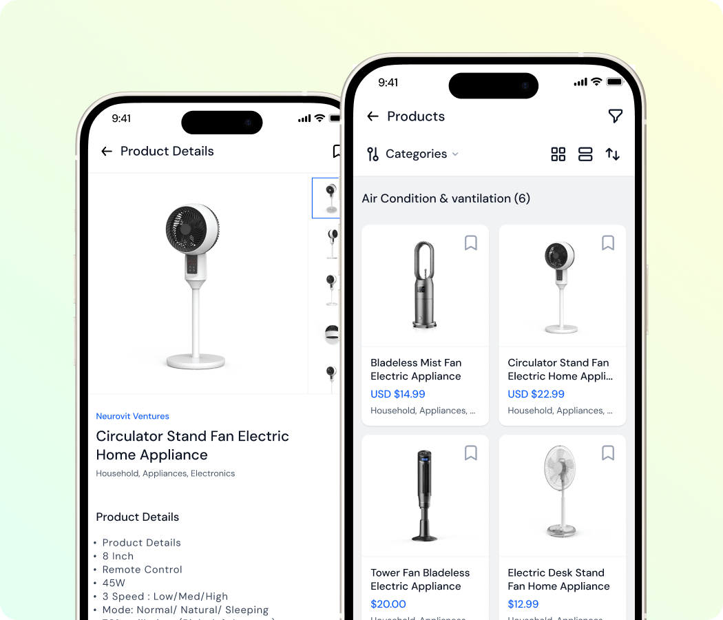 Mobile app interface showing product listings and details for various electric fans including a circulator stand fan with specifications and prices.