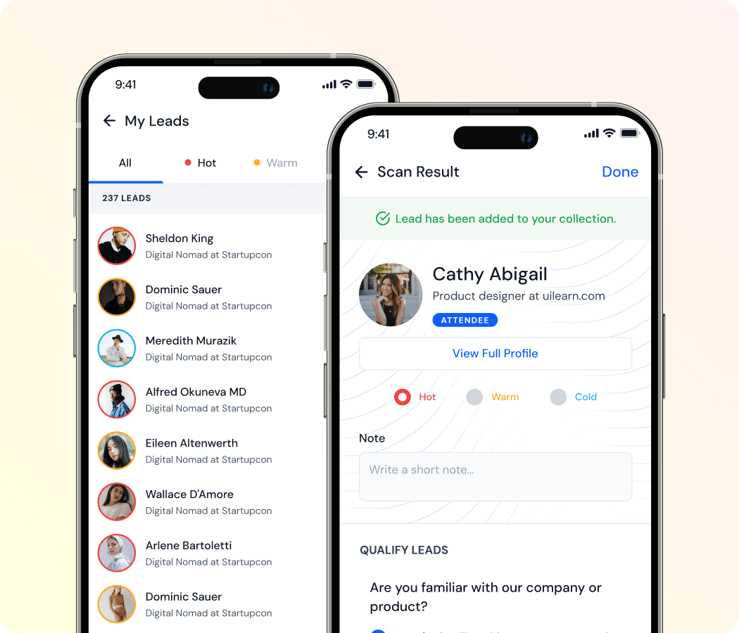 Two smartphone screens showing a lead management app: one screen lists leads with status dots, the other shows a scanned lead detail for Cathy Abigail with the option to add notes and qualify leads.
