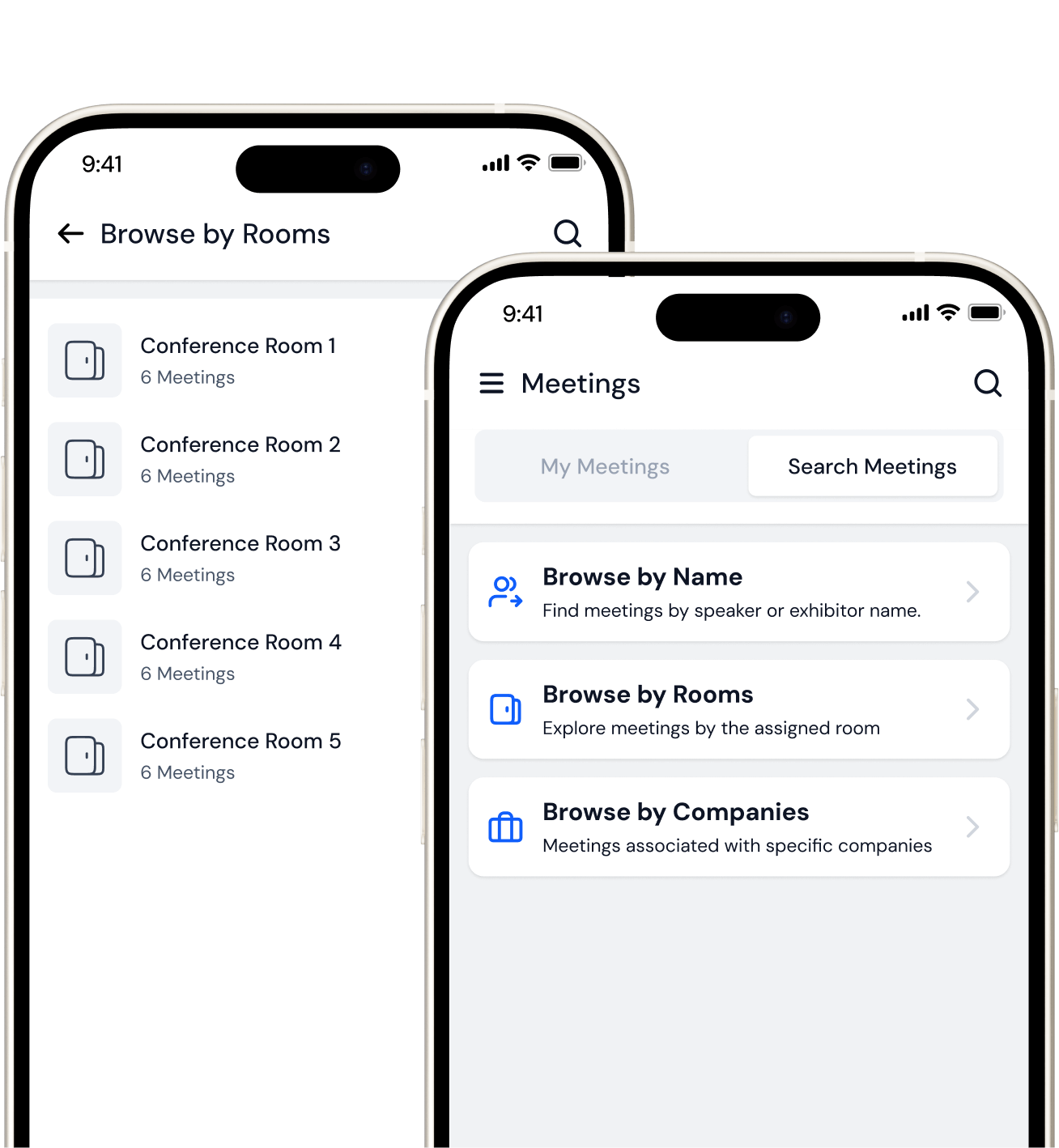 Two mobile screens showing meeting browsing options: one lists Conference Rooms 1-5 with 6 meetings each, the other offers browsing by Name, Rooms, or Companies.