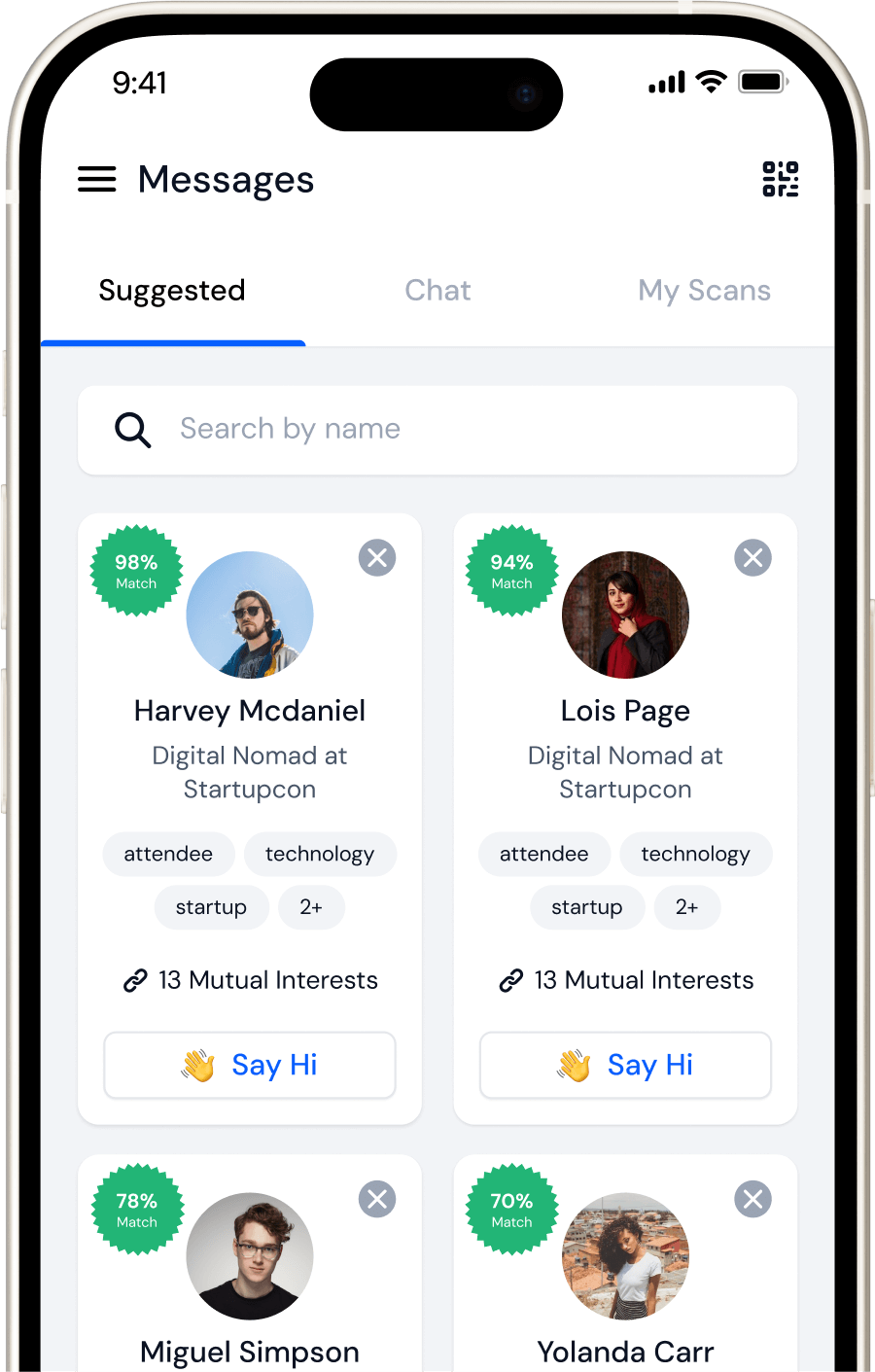 Mobile app screen showing suggested meeting matches with profile photos, names, titles, mutual interests, and match percentages.