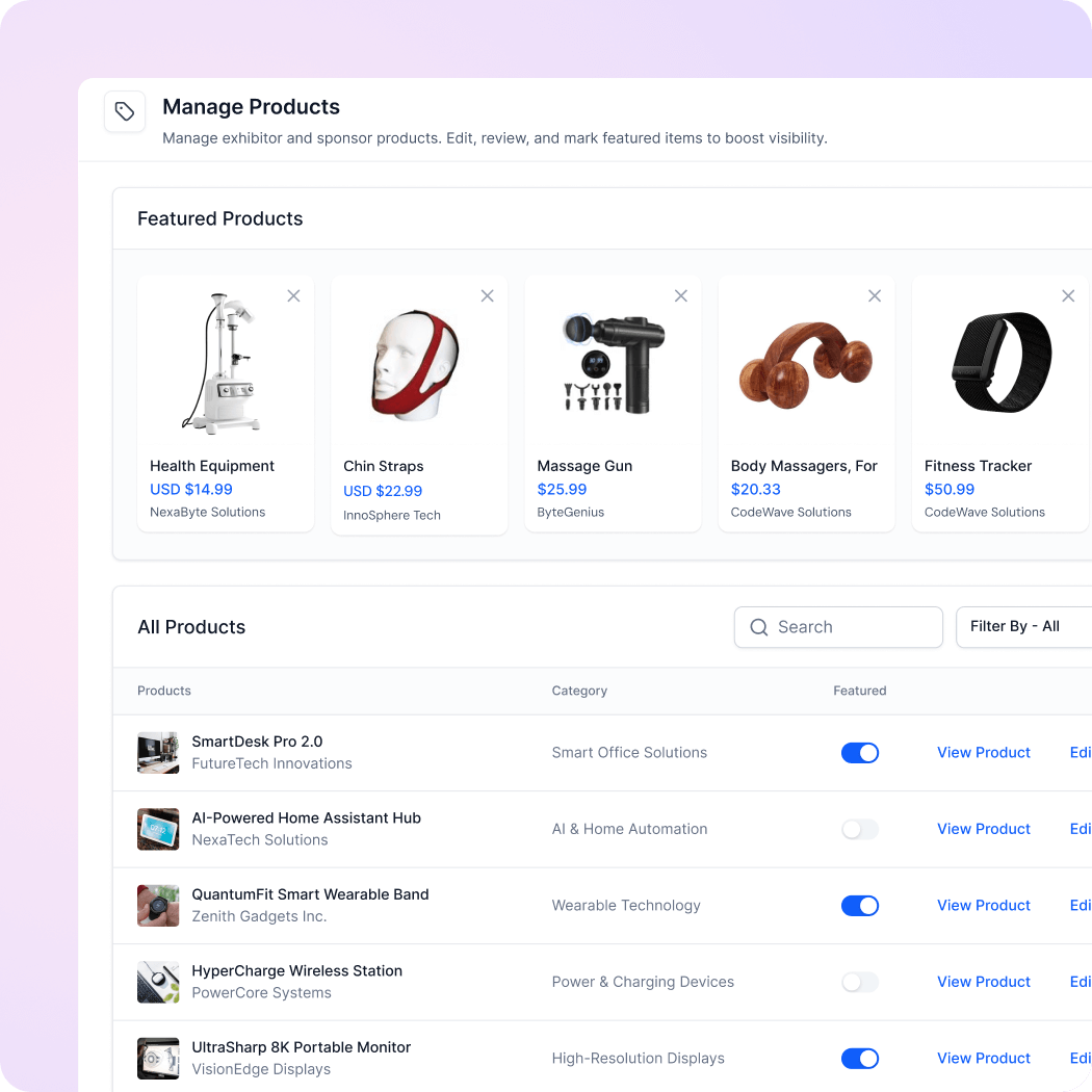 Dashboard showing featured health products including health equipment, chin straps, massage gun, wooden body massagers, and fitness tracker with prices and a product list below with categories and feature toggles.