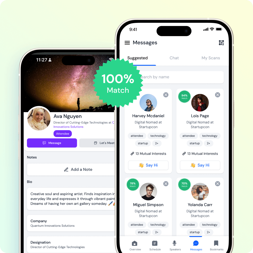 Smartphone screens showing a networking app with user profiles, including Ava Nguyen with bio and message option, and a message tab with suggested contacts and match percentages.