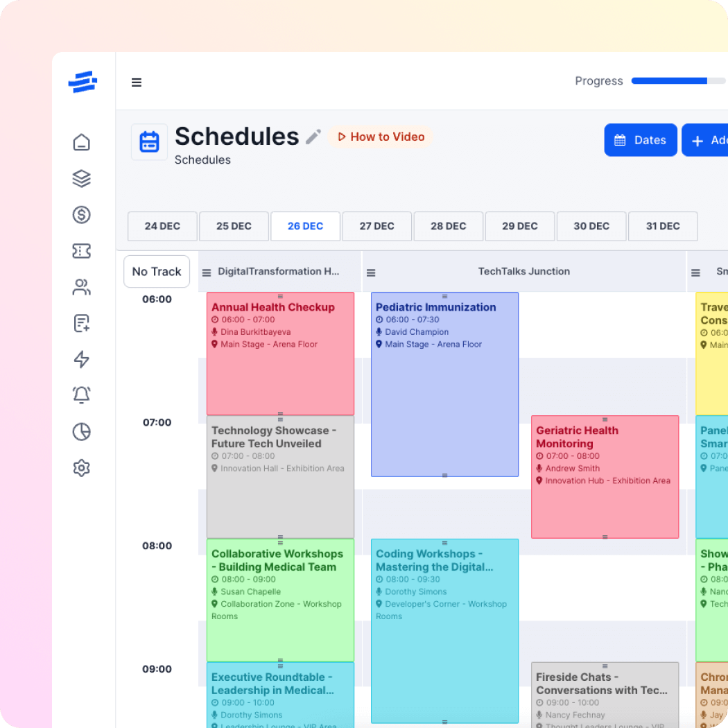 Digital conference schedule on December 26 showing various health and technology sessions with times, speakers, and locations color-coded in a calendar view.