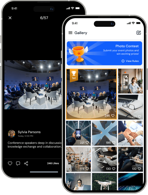 Mobile app screenshot showing a gallery of event photos with a photo contest banner and a detailed view of a conference discussion image with user comments and likes.