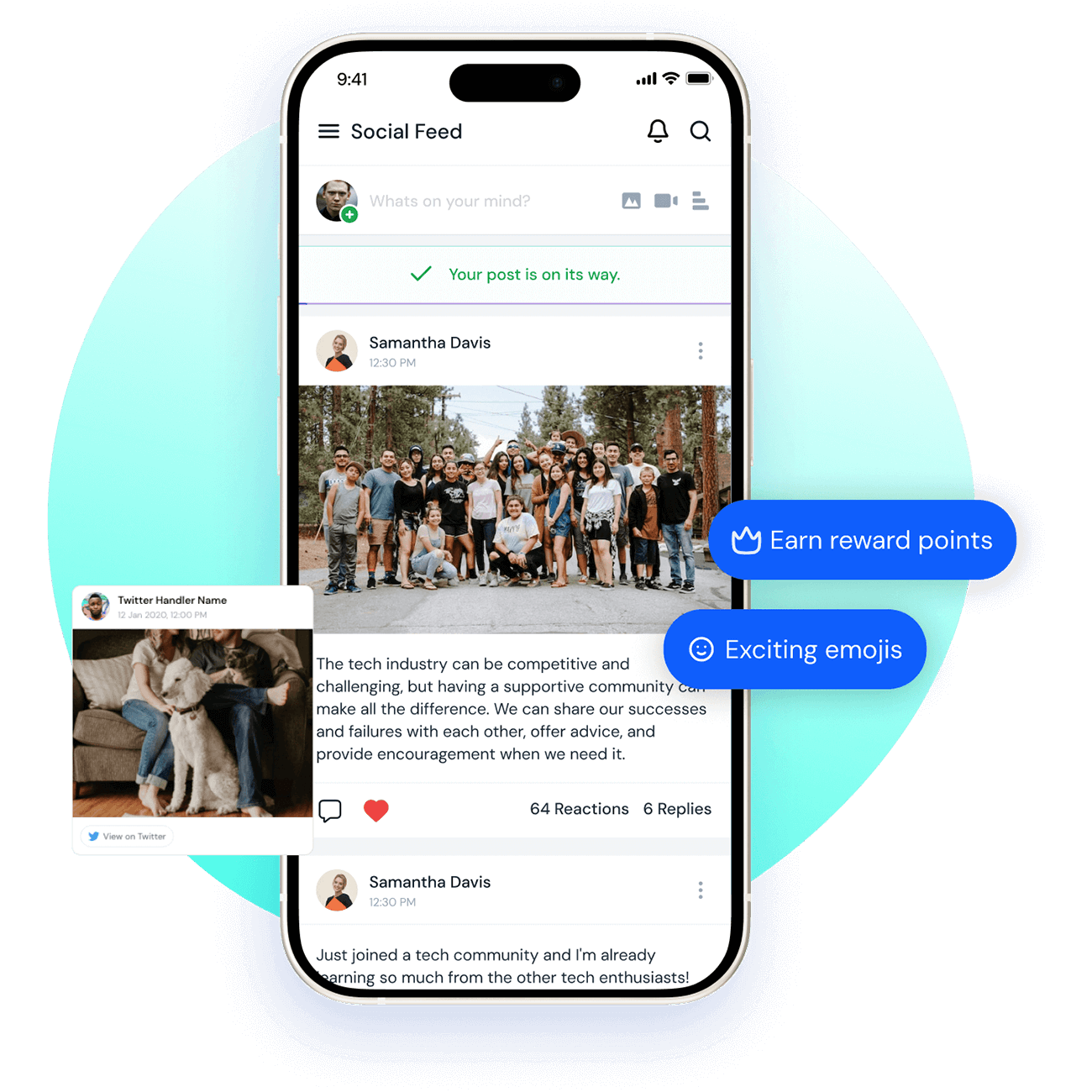 Smartphone screen showing a social feed with posts by Samantha Davis, including a group photo and a message about tech community support, with features highlighting earning reward points and exciting emojis.