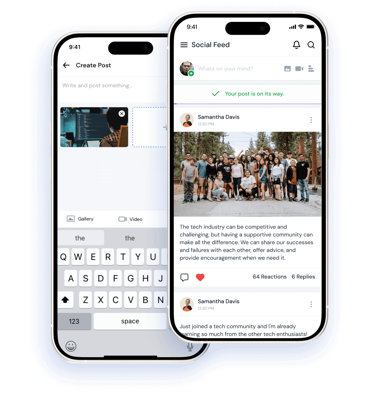 Two smartphones showing a social media app; one screen is creating a post with an image, the other shows a social feed post featuring a group photo and supportive community message.