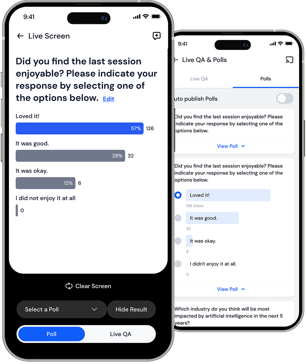 Live polls with results on the big screen and in-app