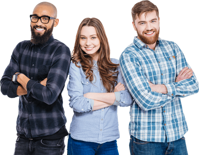 Three smiling young adults with arms crossed, wearing casual plaid and denim shirts.