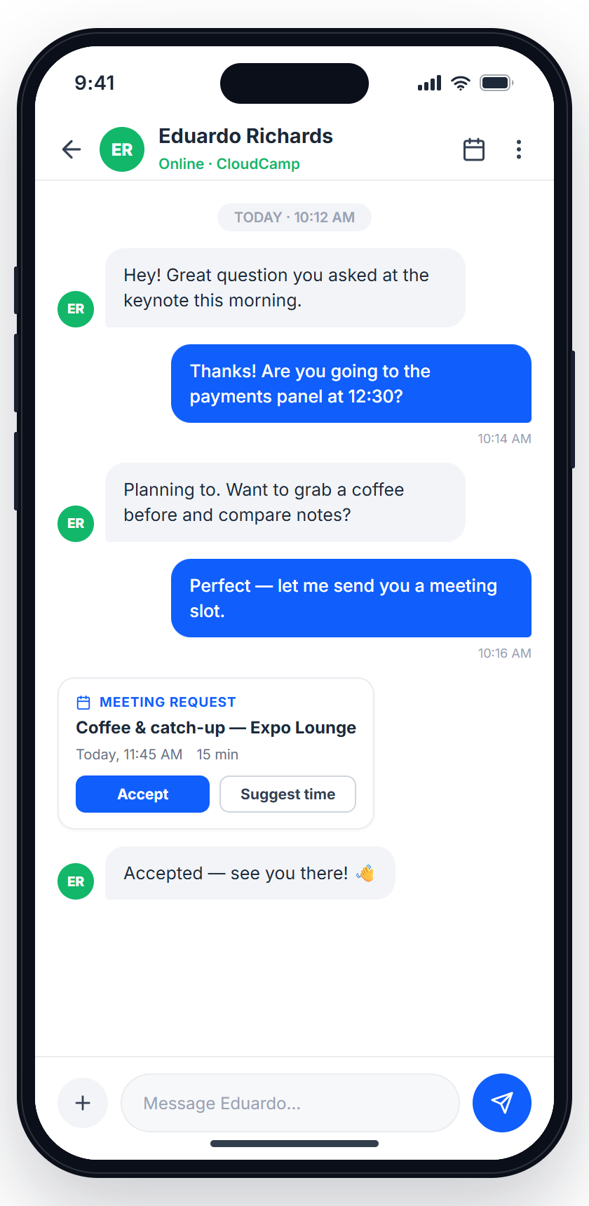 Eventspot in-app chat and meeting scheduling