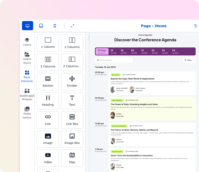 Conference agenda builder in the Eventspot website editor