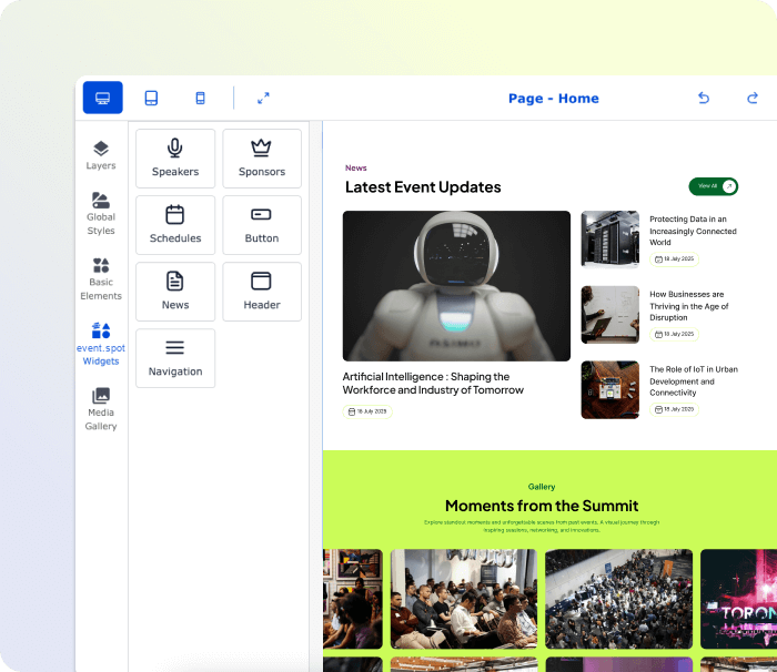 Eventspot widgets panel showing event page layouts