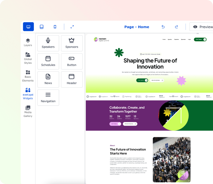 Eventspot widgets panel with embeddable components