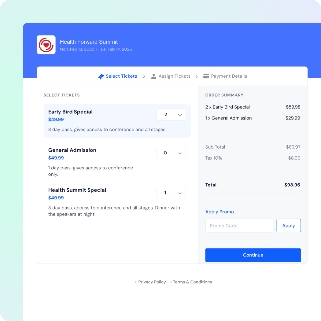 Ticket selection interface for Health Forward Summit, showing options for Early Bird Special, General Admission, and Health Summit Special, with order summary