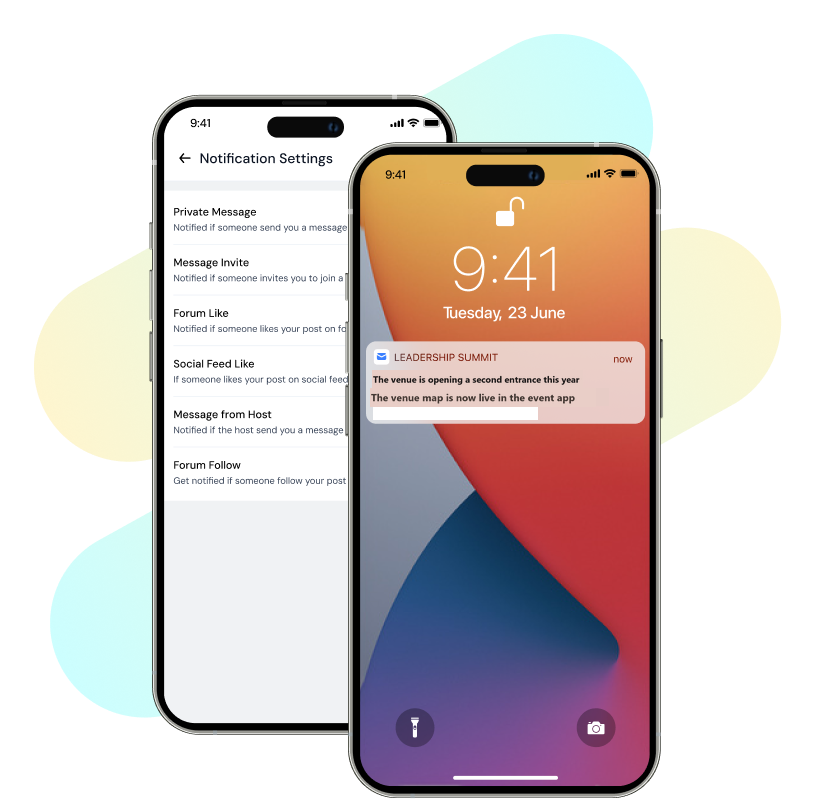 Two smartphones, one showing notification settings with options for private message, message invite, forum like, social feed like, message from host, and forum follow; the other showing a lock screen with a notification about Microsoft delaying full office reopening until September 7th.