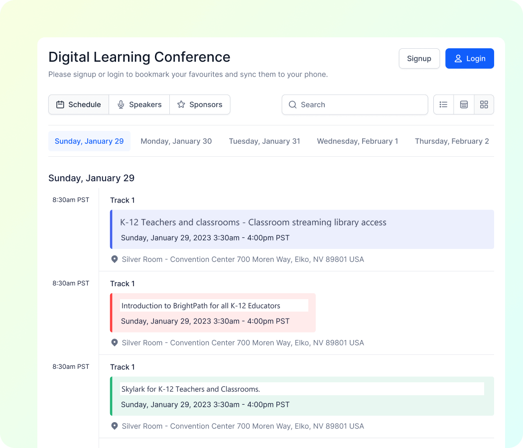 Digital Learning Conference schedule page showing events for Sunday, January 29, with sessions on classroom streaming and an introduction to BrightPath for K-12 educators in Silver Room.