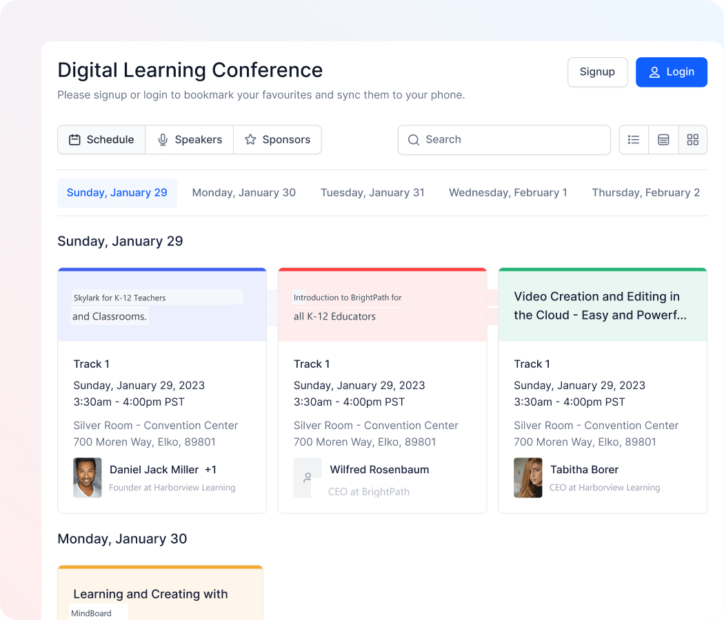 Digital Learning Conference webpage showing schedule tabs, search bar, and event cards for sessions on January 29 including Skylark for K-12 Teachers, Introduction to BrightPath, and Video Creation and Editing in the Cloud.