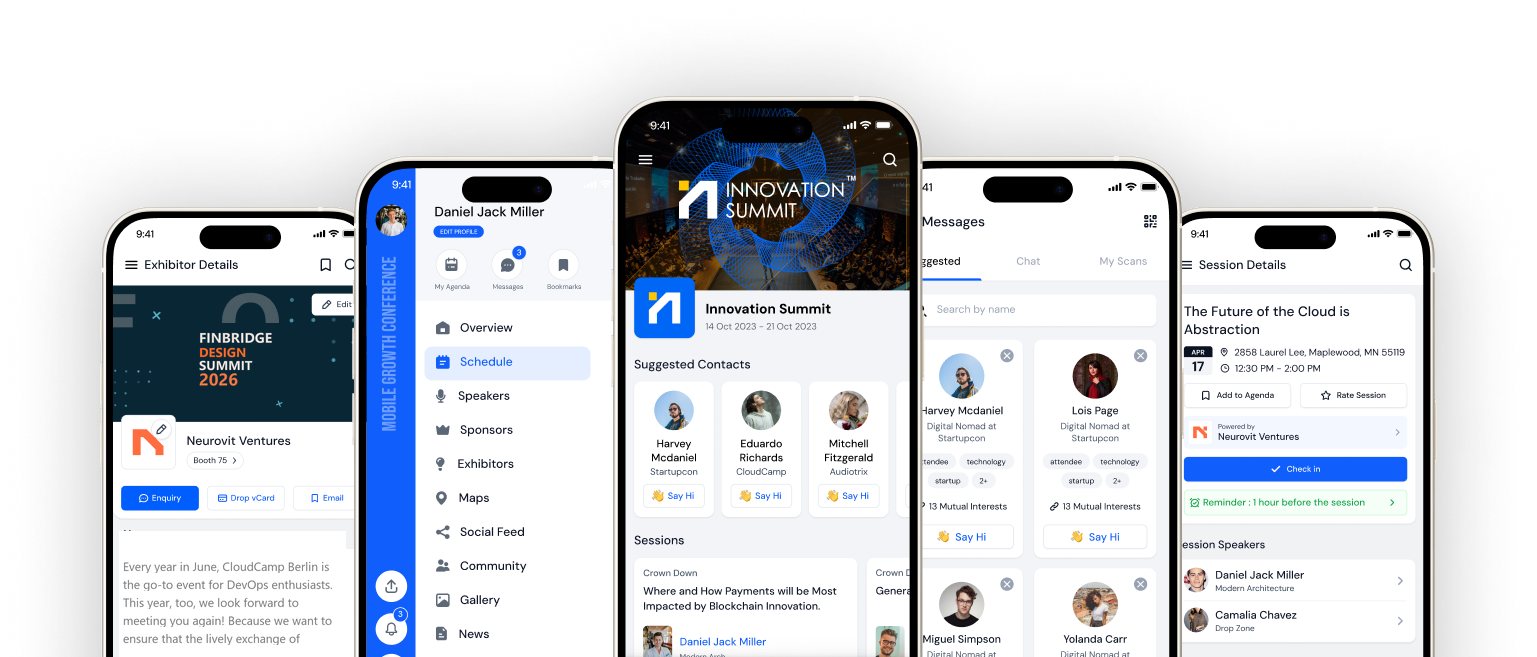 Five smartphone screens showing various conference app interfaces including exhibitor details, user profile with schedule, innovation summit contacts and sessions, messages, and session details.