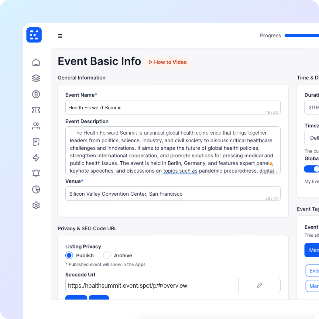 Event creation screen showing 'Health Forward Summit' with description, venue set to Silicon Valley Convention Center, privacy set to Publish, and a URL for SEO code