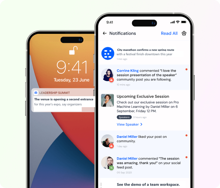Two smartphones showing notifications; one displays a lock screen with a Microsoft reopening delay alert, the other shows a notifications list including comments, event invites, and likes from multiple users.