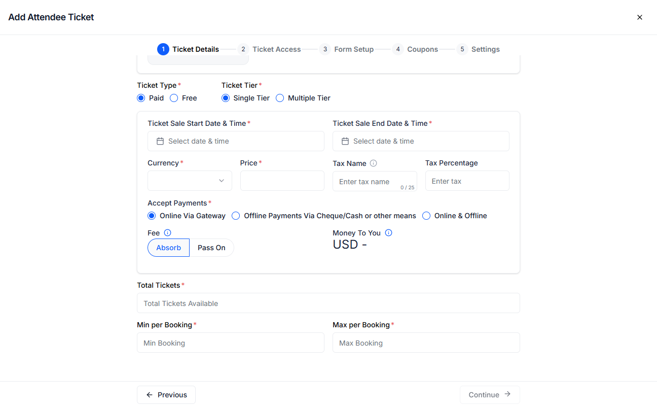 Ticket Access tab in HOST with Link Ticket Session and Others options for assigning sessions to a free ticket