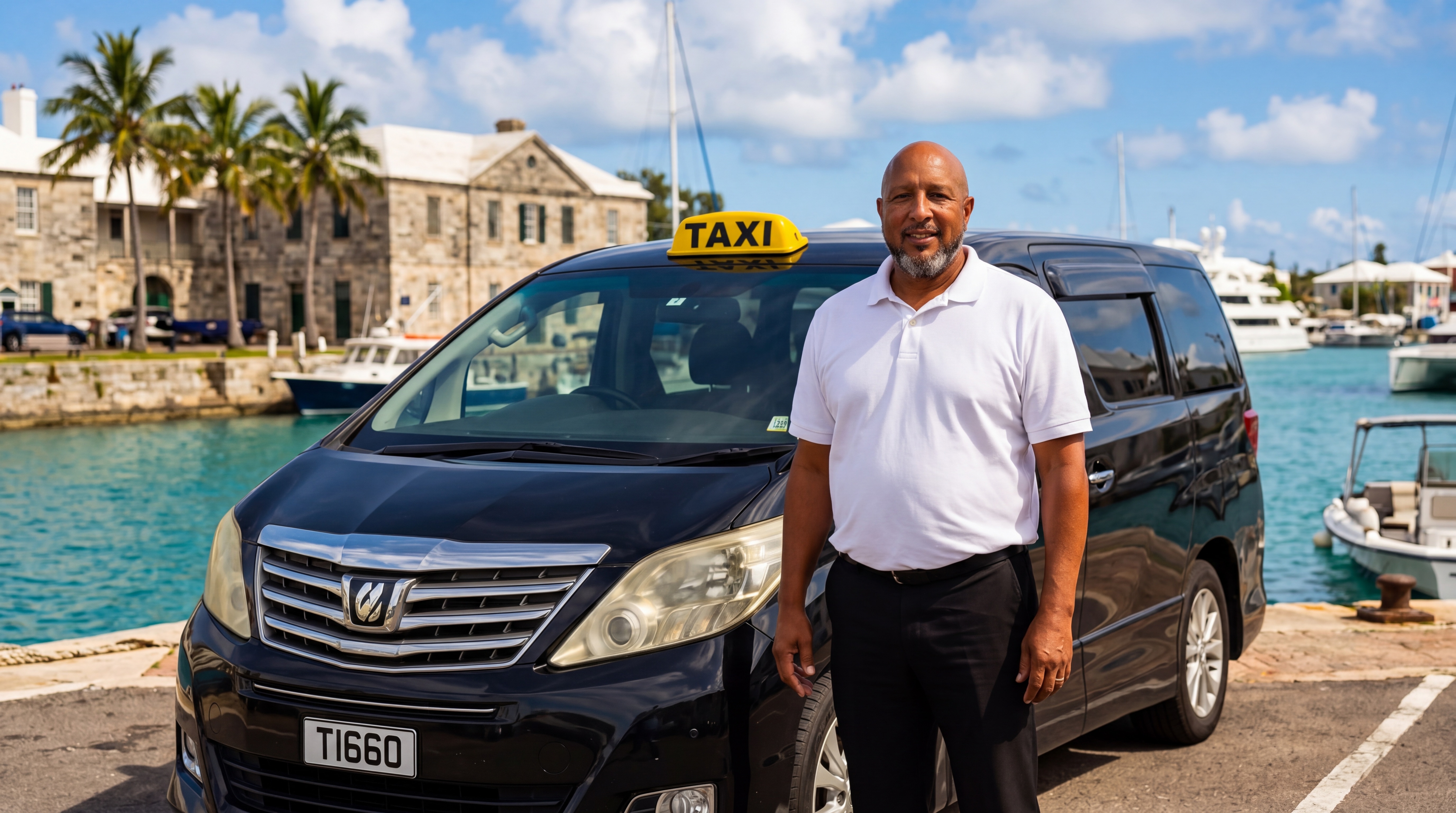 Greg Wales with his Tour 1660 taxi at the Royal Naval Dockyard, Bermuda