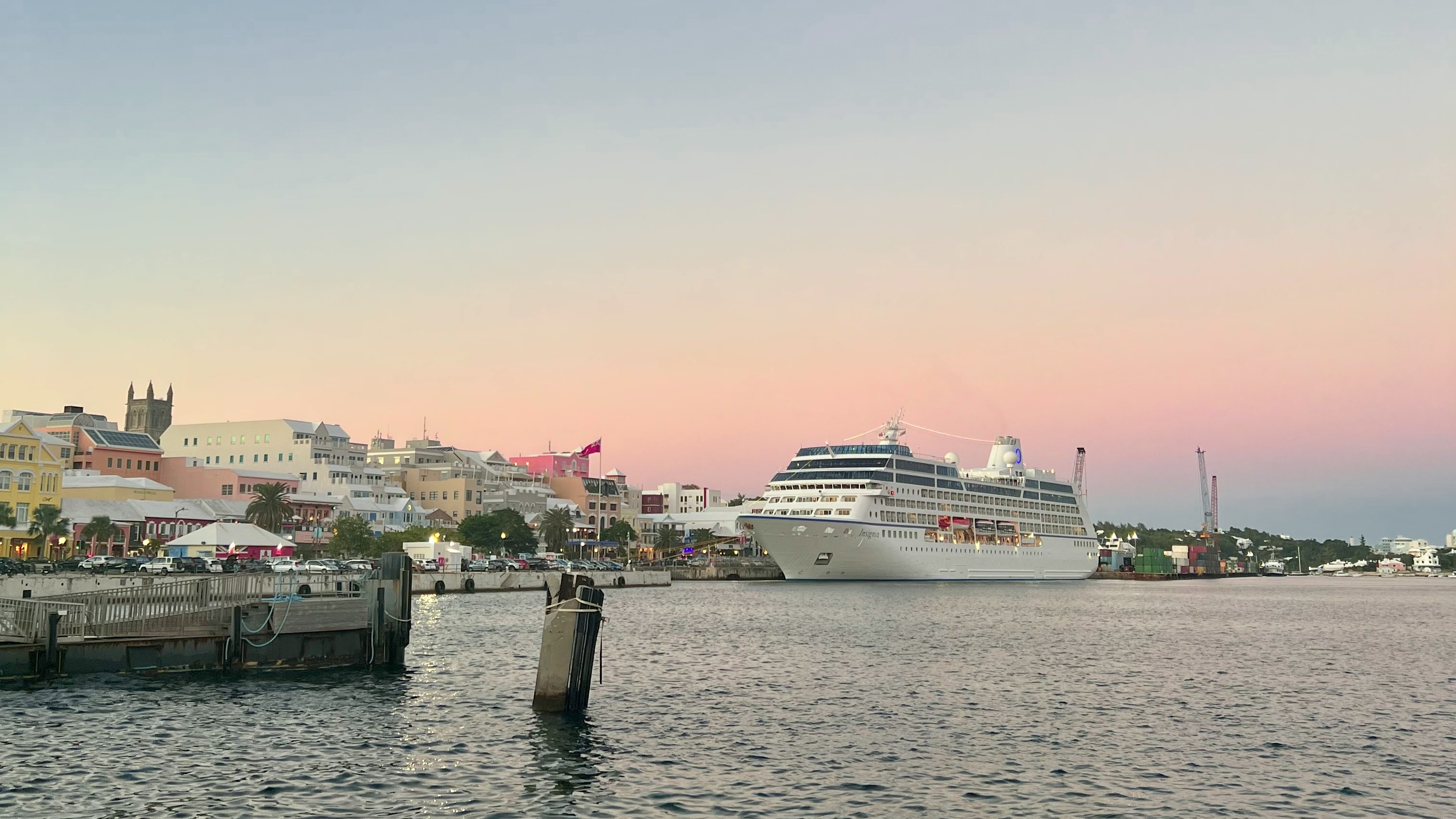 Cruise ship docked at Hamilton Bermuda at dusk