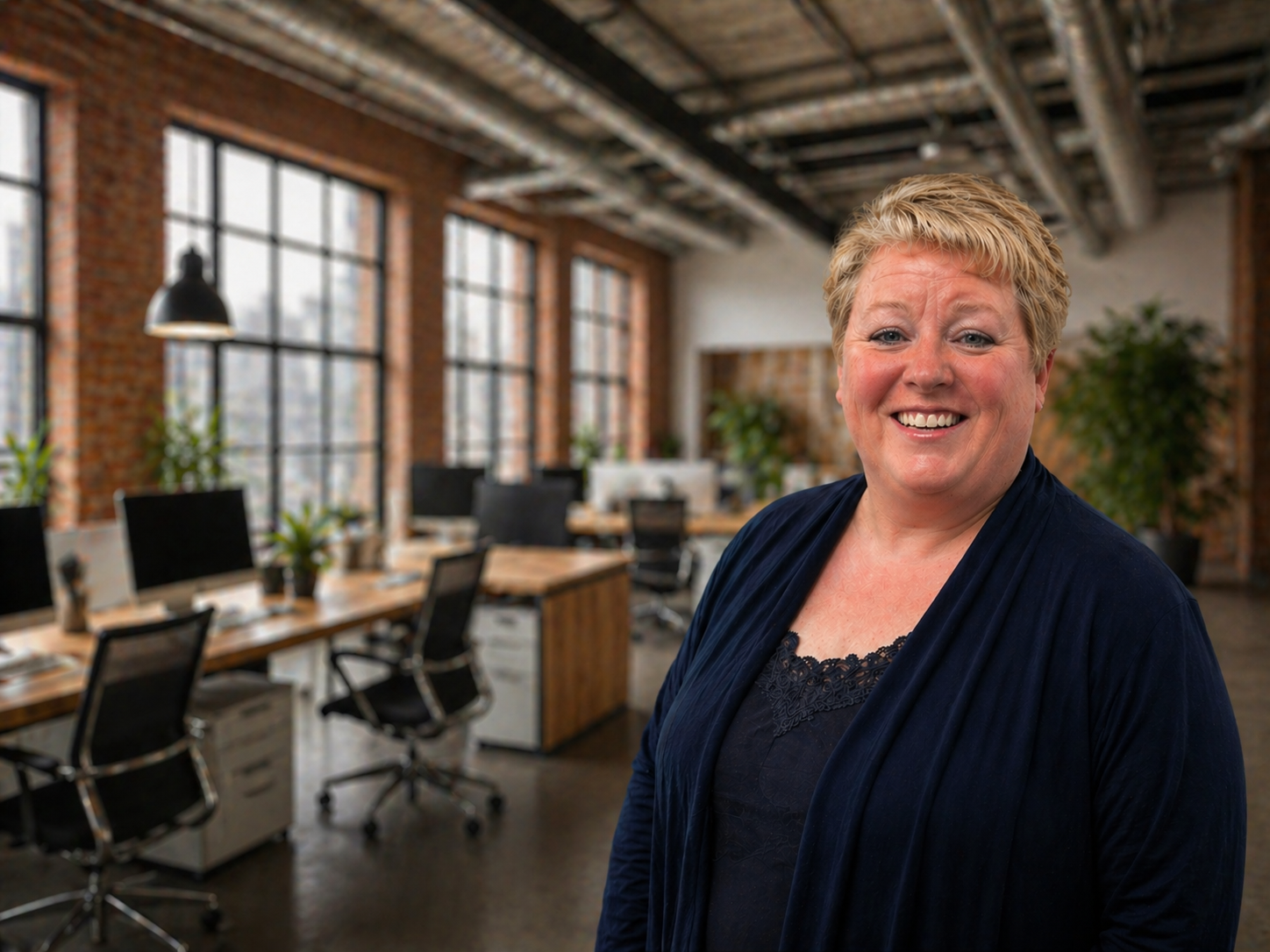 Smiling woman in navy cardigan in modern industrial loft office space