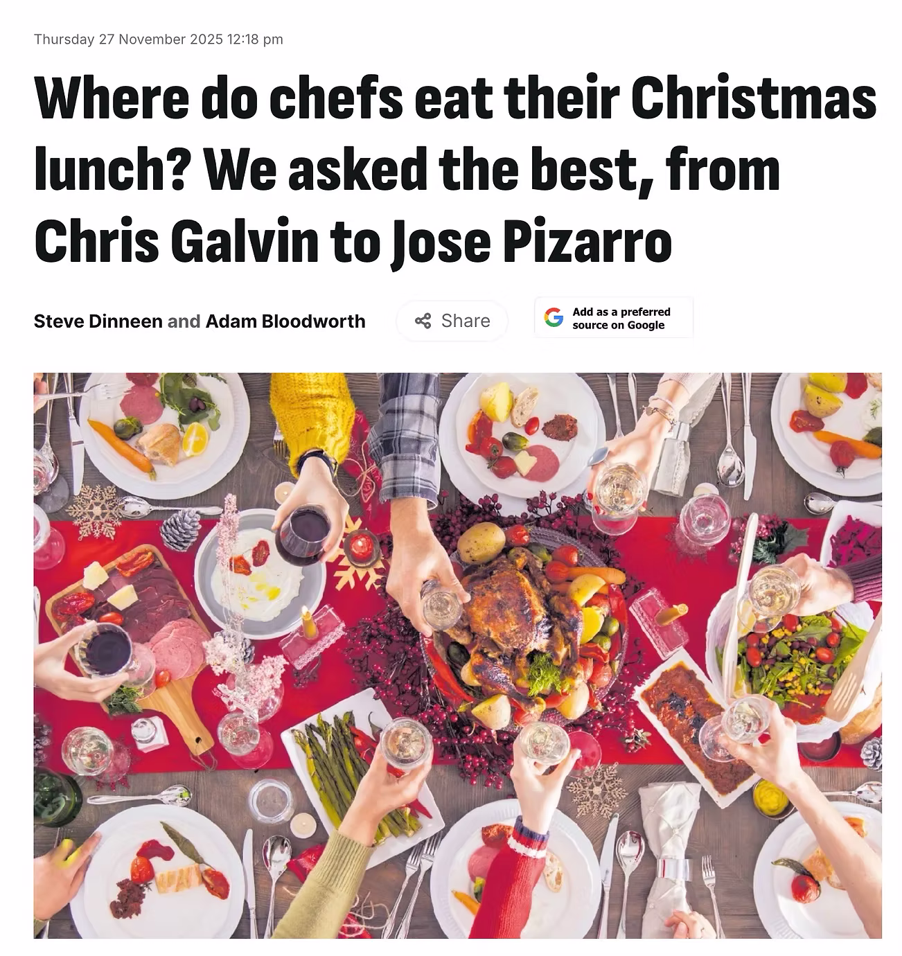 Where do chefs eat their Christmas lunch? We asked the best, from Chris Galvin to Jose Pizarro