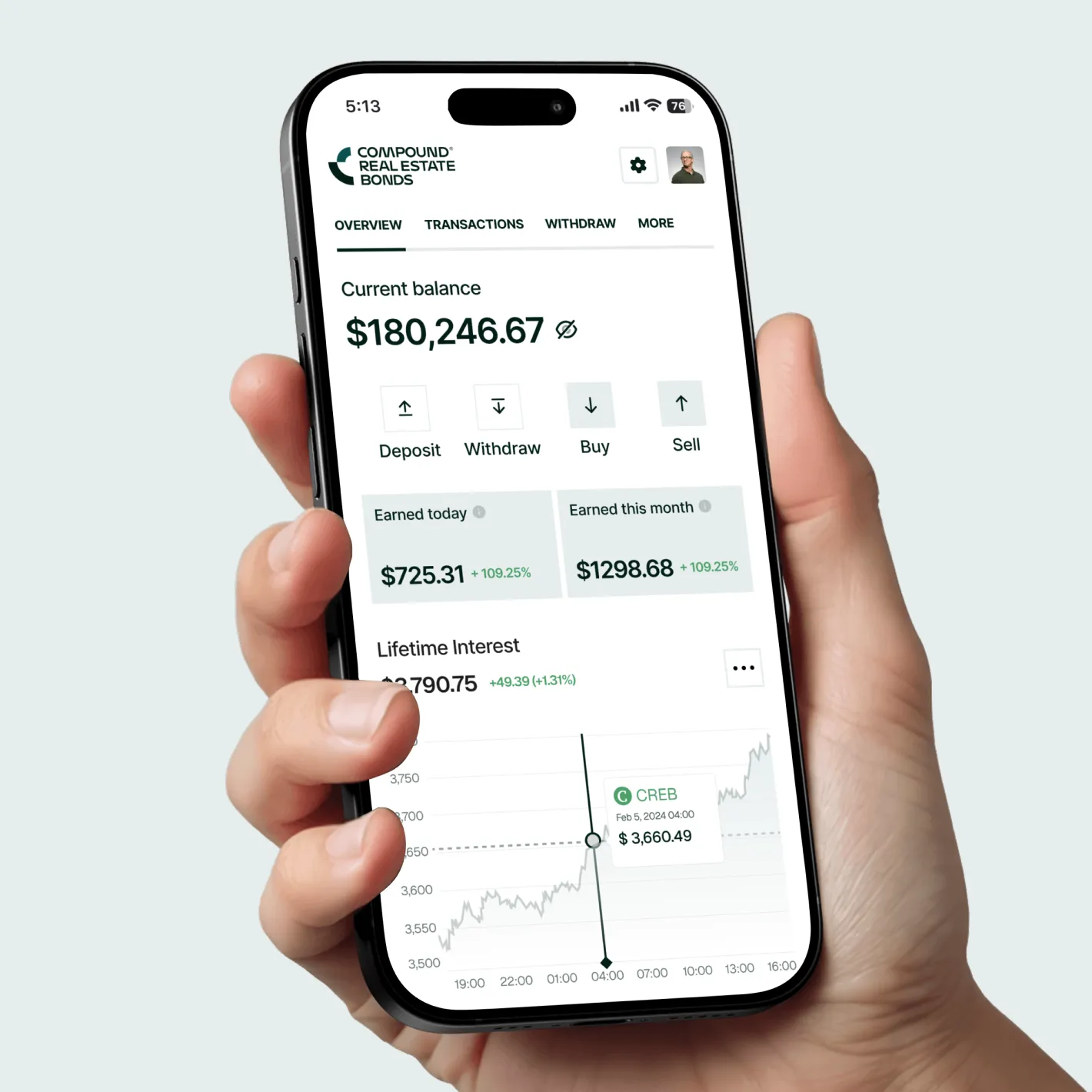 creb mobile app opened in an iphone and a person is holding it
