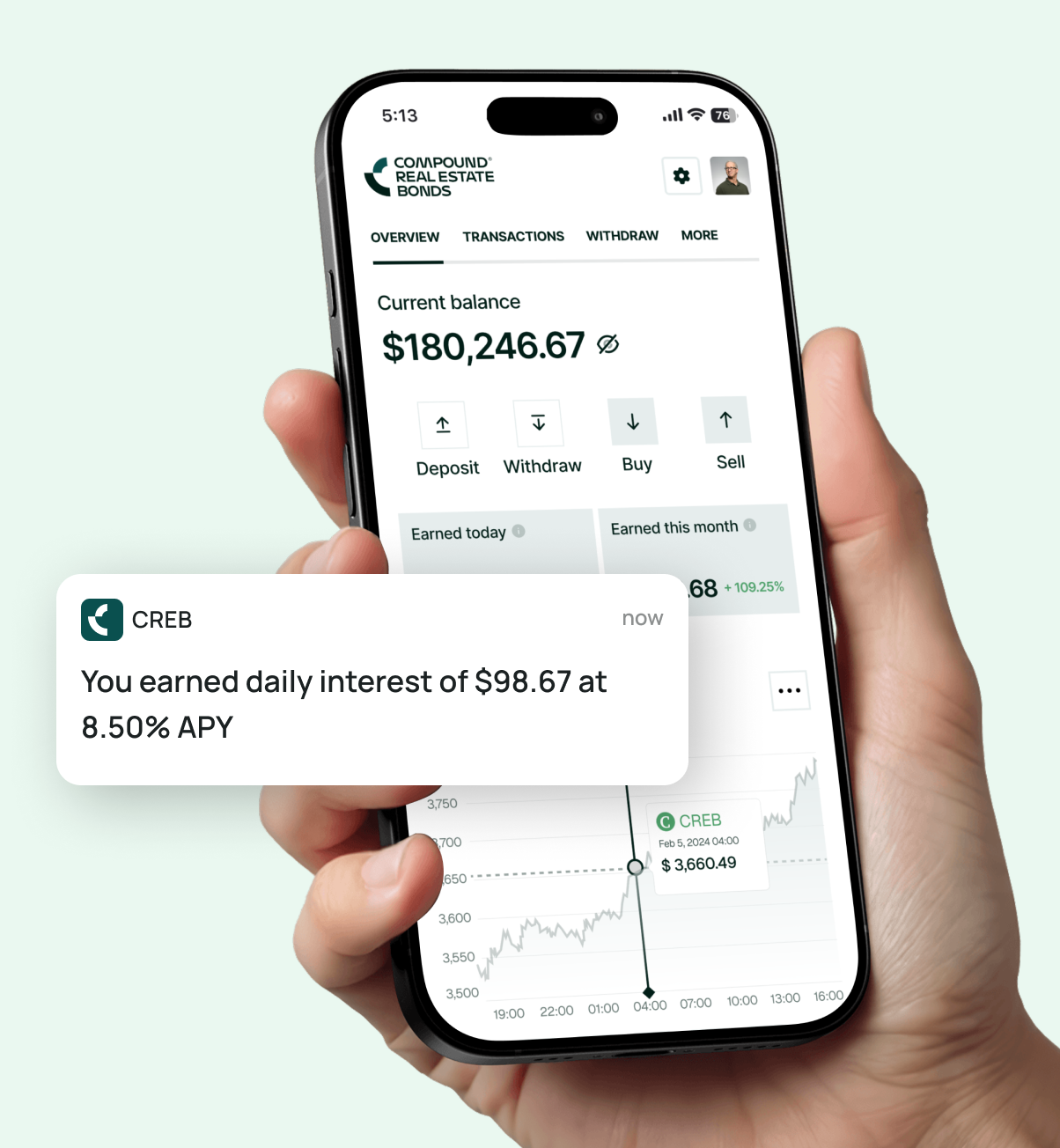 creb mobile app opened in an iphone and a person is holding it