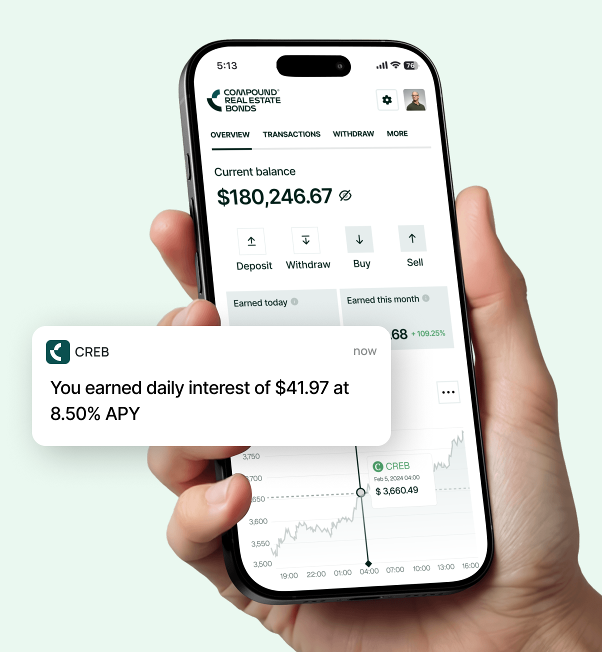 creb mobile app opened in an iphone and a person is holding it