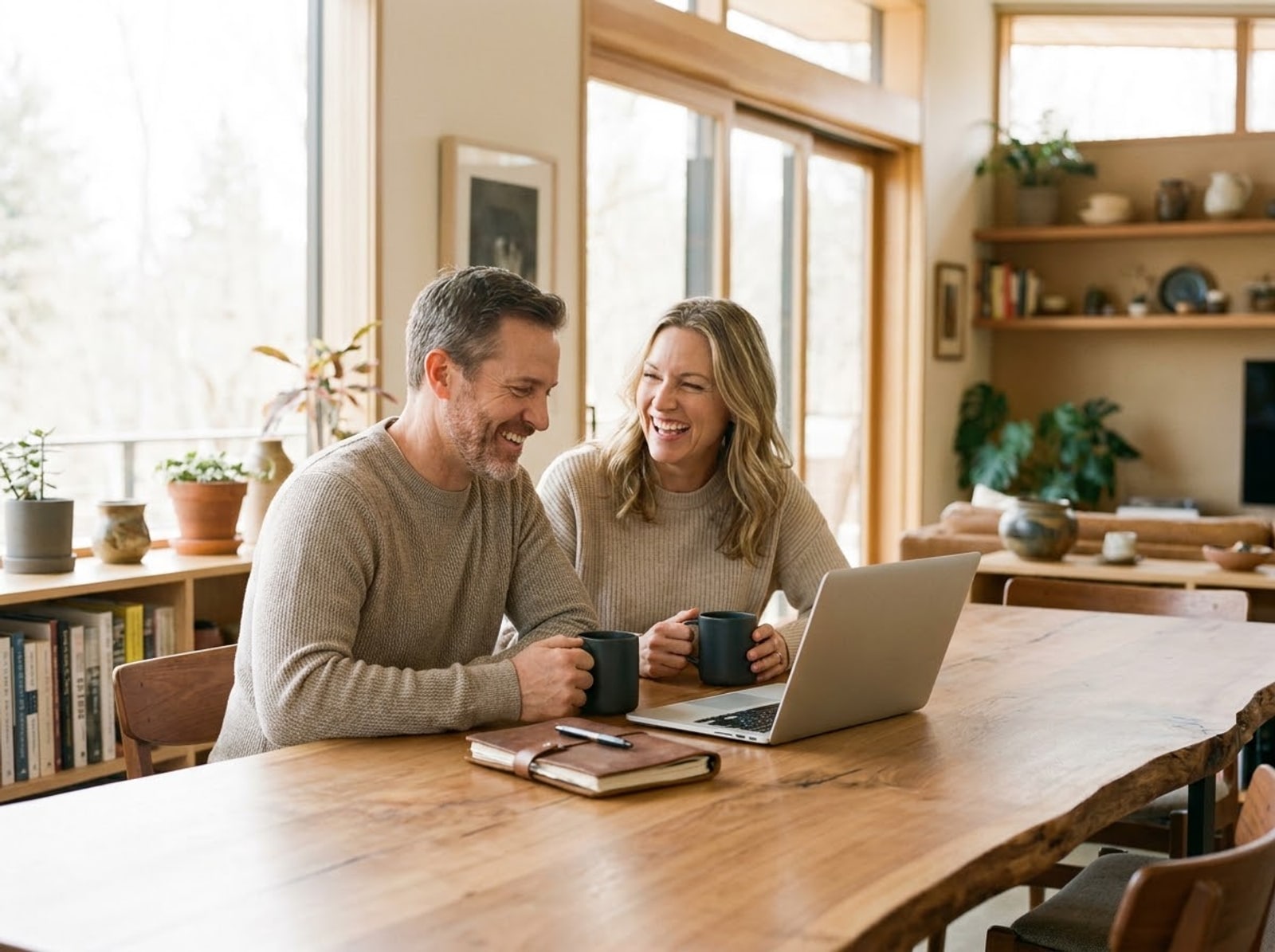 A couple smiling together while reviewing their CREB investment on a laptop