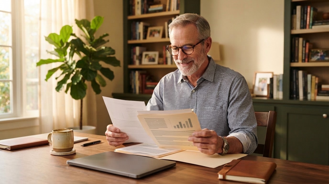 A man in his sixties smiling as he reviews his retirement account statements at his home study desk