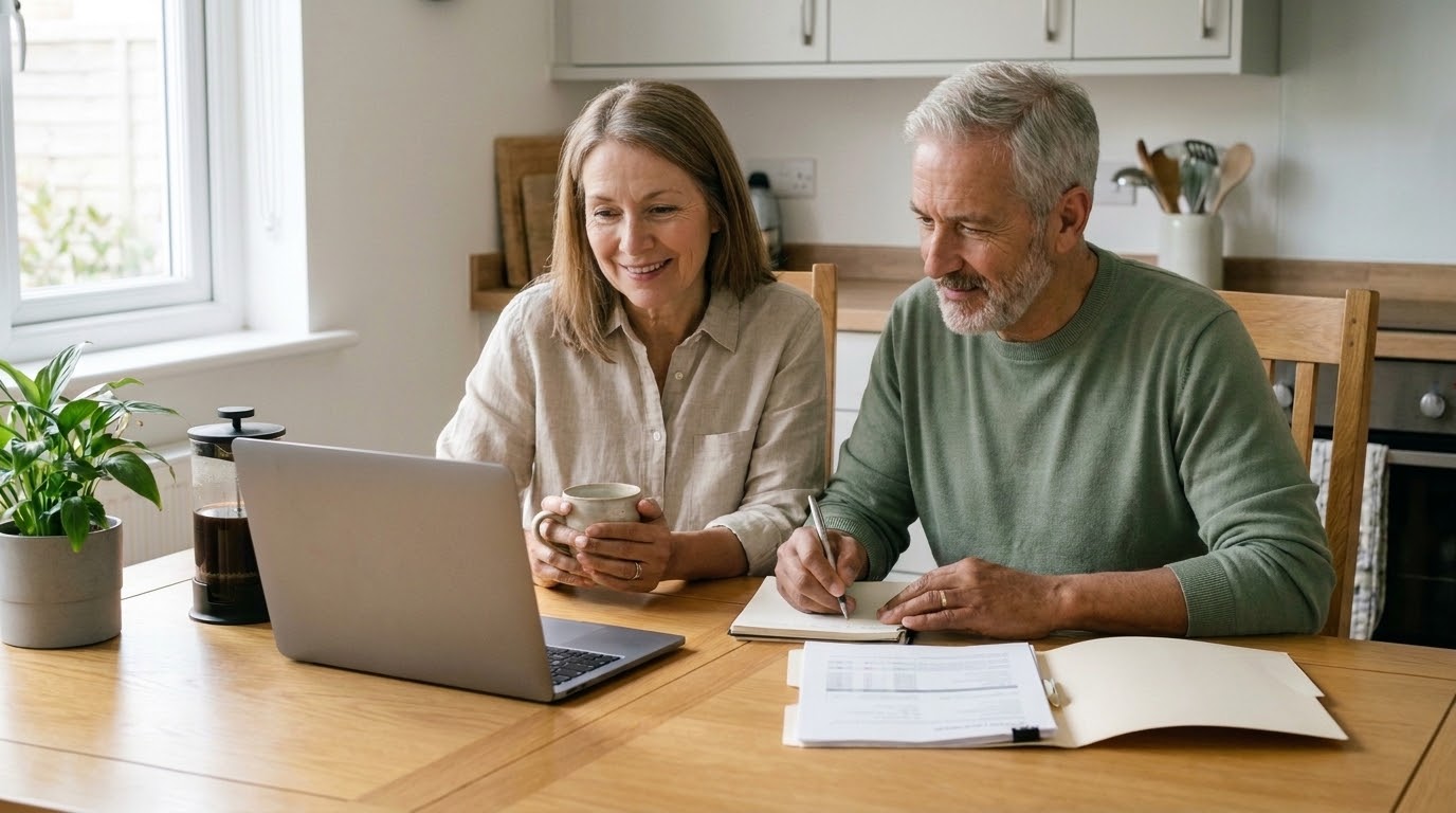 A couple in their sixties smiling on a video call at their kitchen table, taking notes beside their retirement statements