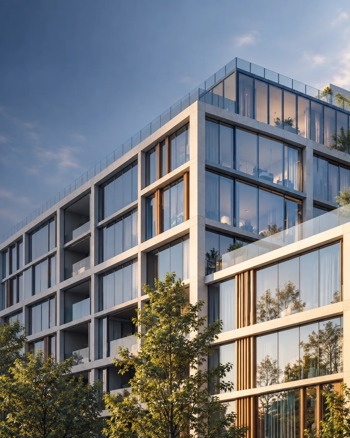 Illustrative modern residential building at golden hour