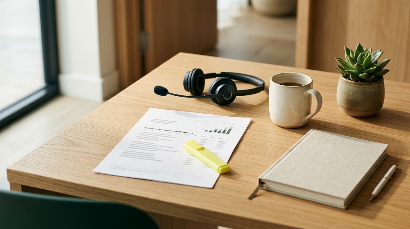 Investor Relations desk with a headset and a printed retirement statement