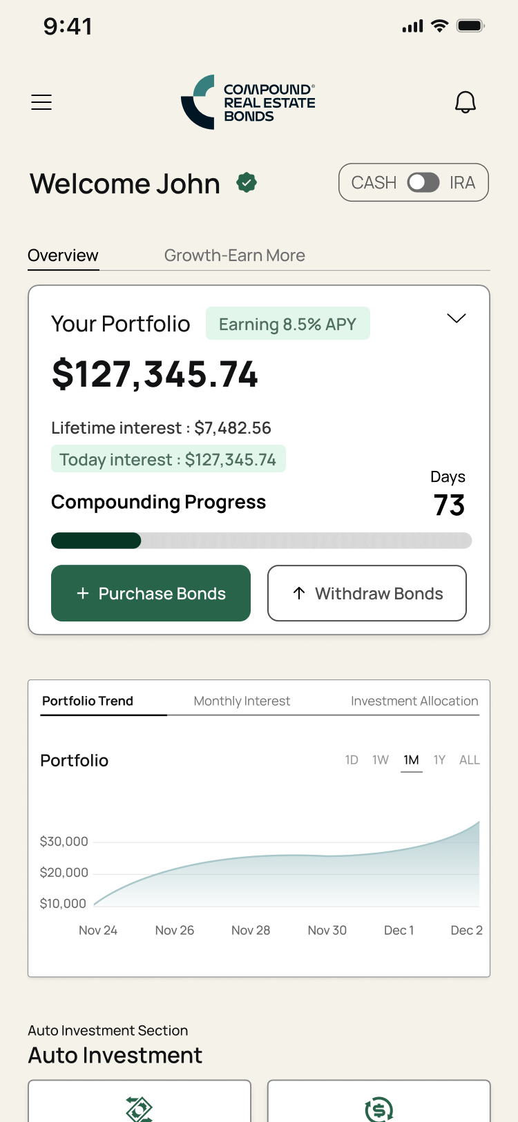 CREB app dashboard with an IRA portfolio earning 8.5% APY and compounding progress