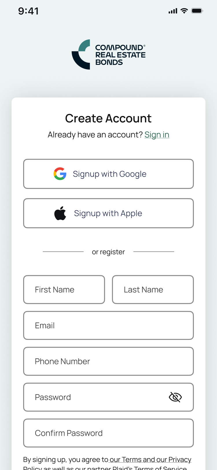 CREB app Create Account screen