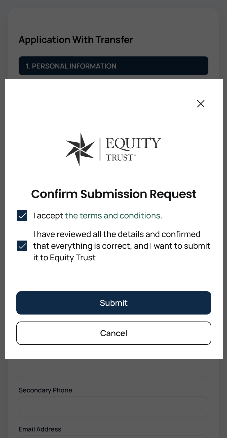 CREB app screen confirming the IRA transfer request submission to Equity Trust