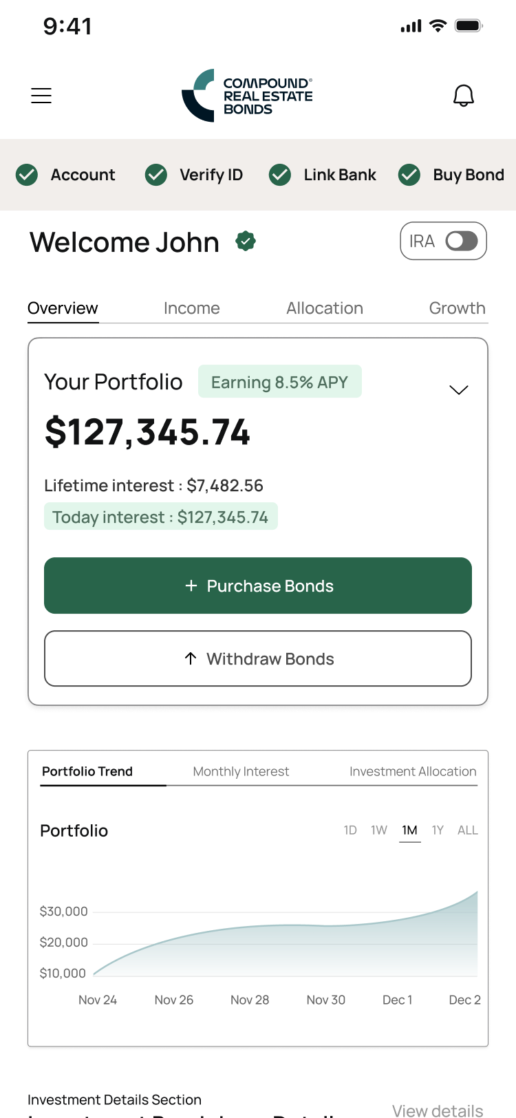 CREB app IRA dashboard showing portfolio balance and investment breakdown