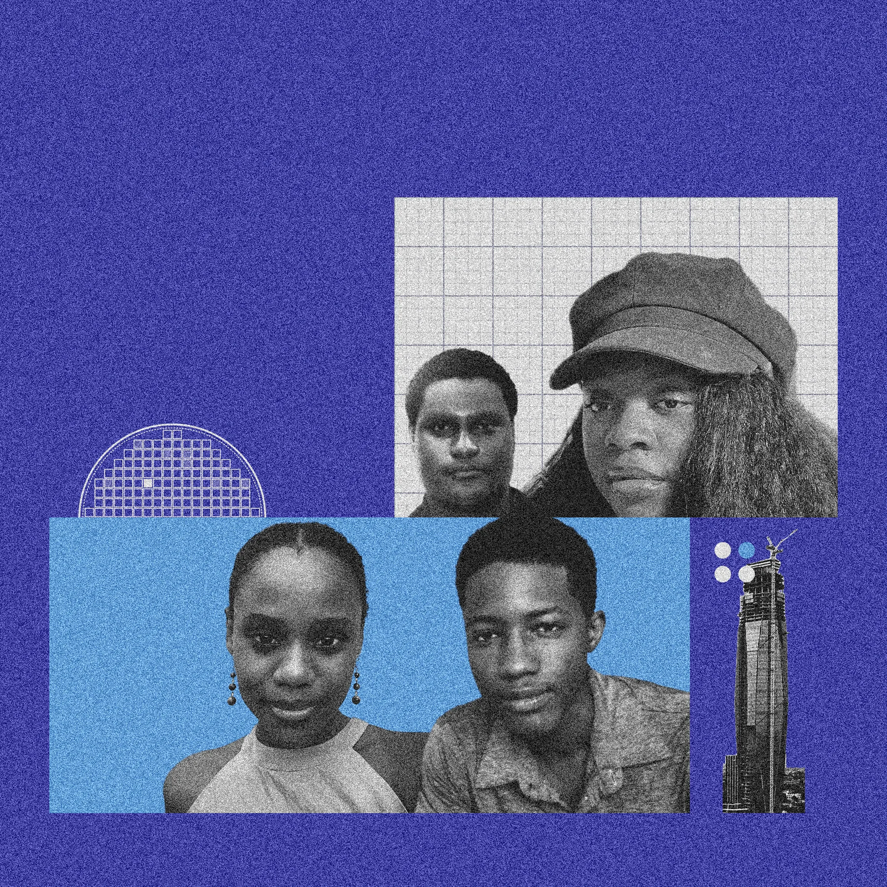 Collage of four Zeitgeist Now team members on blue panels with a silicon wafer drawing and a tower under construction