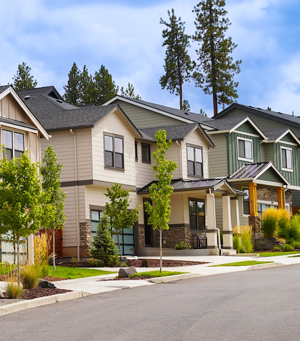 A row of two‑story suburban houses with varied siding and landscaped front yards along a clean street.