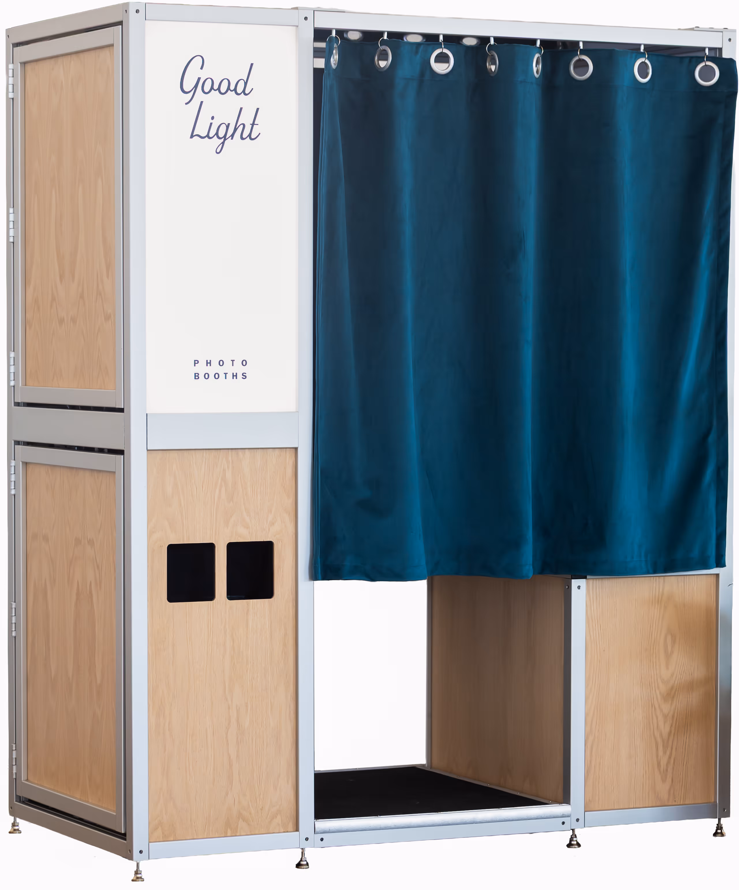 Good Light enclosed photo booth with blue curtain