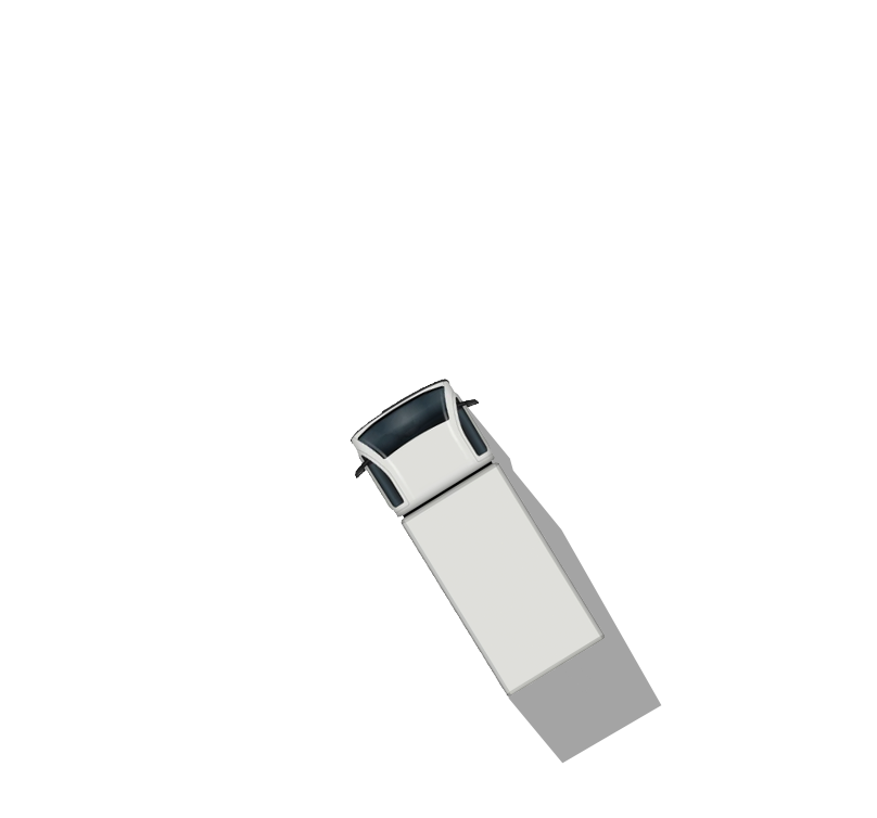Top view of a white truck turning on a curved road casting a shadow.
