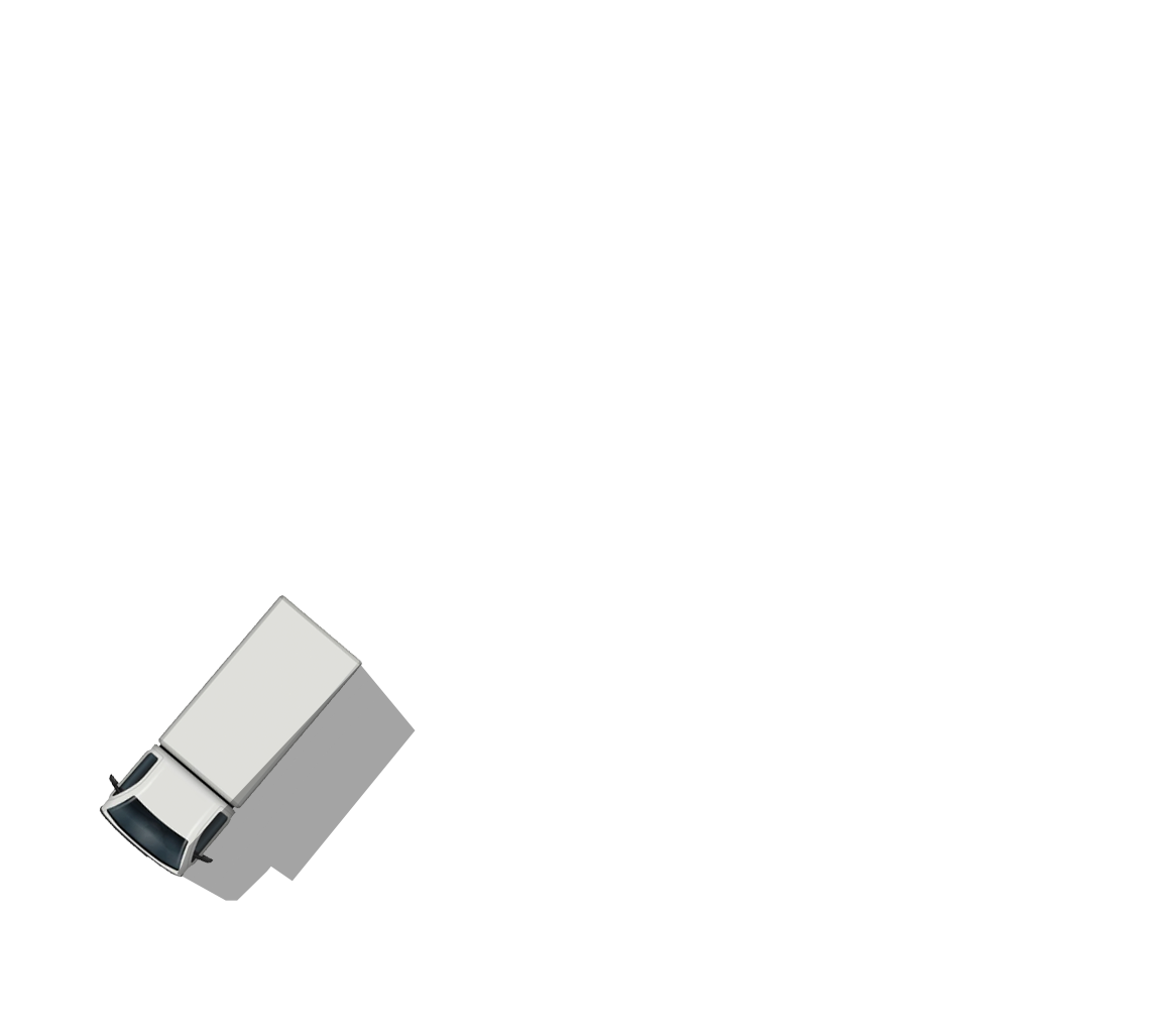 White delivery truck on a winding white road with a black background from a top-down view.